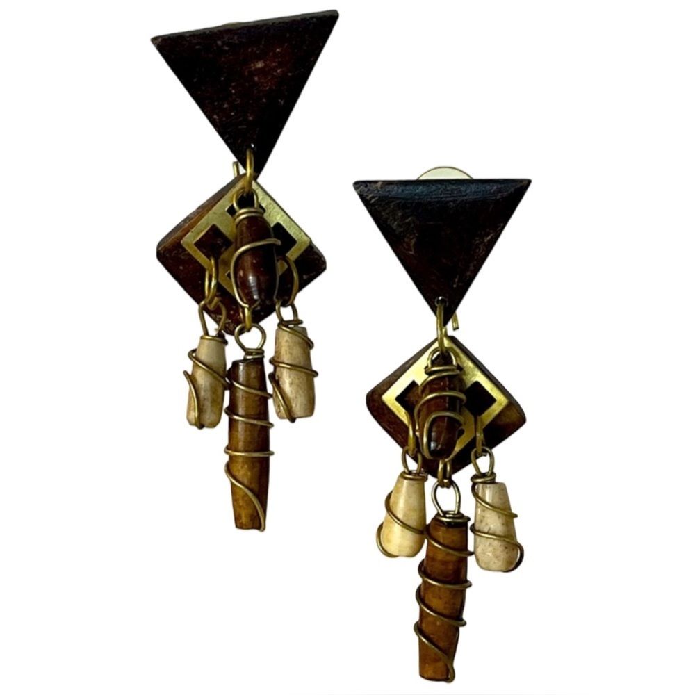 Vintage 90s Gold and Brown Wood and Metal Dangle Pierced Earrings
